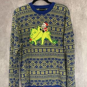 Alex Stevens | Men’s Blue & Green Christmas Sweater Santa Riding Dinosaur Large
